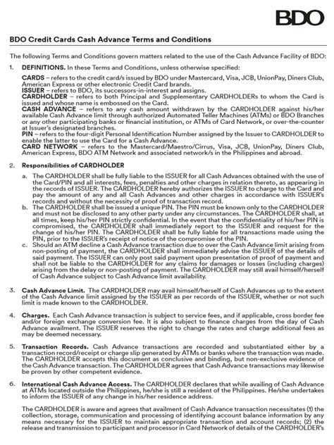 BDO Credit Cards Cash Advance Terms and Conditions.